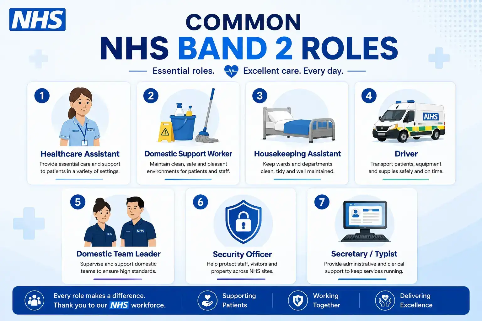 Common NHS Band 2 job roles including healthcare assistant domestic support worker driver and secretary typist