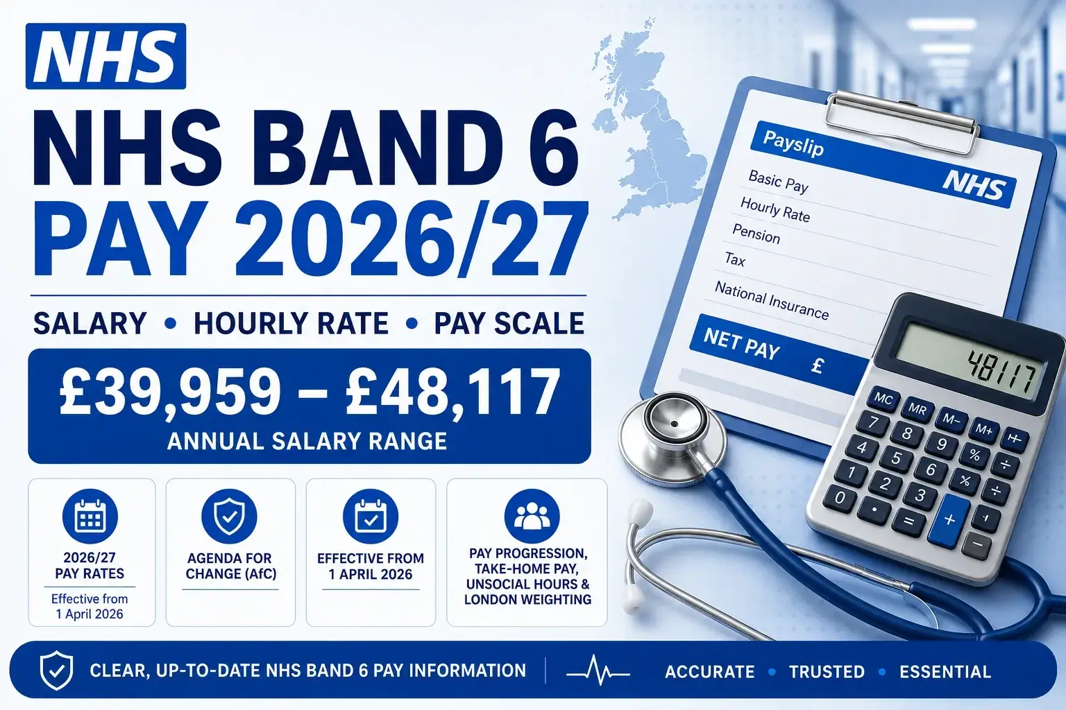 NHS Band 6 pay 2026/27 infographic showing salary range, hourly rate, pay scale, payslip, calculator, pension, tax and National Insurance.