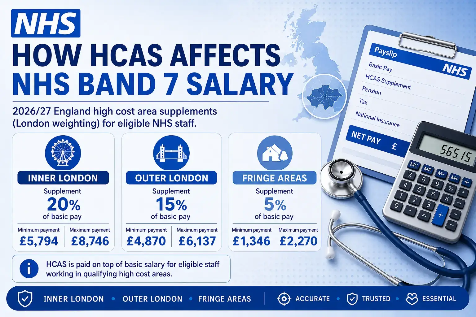 NHS Band 7 HCAS infographic showing Inner London, Outer London and Fringe Area supplements for eligible NHS staff.